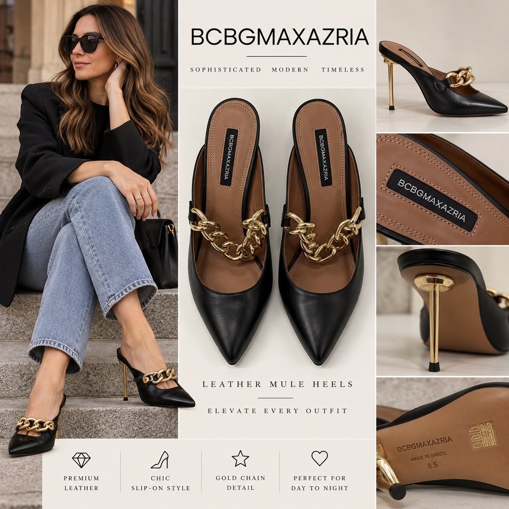 BCBGMAXAZRIA Stiletto Mules Womens 8.5 Black New Gold Chain Pointed Toe